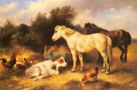 Hunt, Walter - Ponies, A Calf and Poultry In a Farmyard